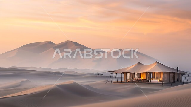 كشتة و جلسة بر شبابية، التخييم في صحاري المملكة العربية السعودية, الأجواء الشتوية الهادئة, خيمة بدوية شعبية وسط الصحراء، التضاريس والرمال الذهبية الناعمة وقت غروب الشمس، مخيمات سياحية في المناطق البرية