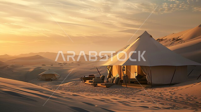 التخييم في صحاري المملكة العربية السعودية, الأجواء الشتوية الهادئة, خيمة بدوية شعبية وسط الصحراء، التضاريس والرمال الذهبية الناعمة وقت غروب الشمس، مخيمات سياحية في المناطق البرية، كشتة و جلسة بر شبابية