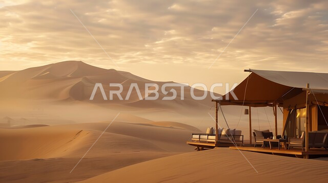 التخييم في صحاري المملكة العربية السعودية, الأجواء الشتوية الهادئة, خيمة بدوية شعبية وسط الصحراء، التضاريس والرمال الذهبية الناعمة وقت غروب الشمس، مخيمات سياحية في المناطق البرية، كشتة و جلسة بر شبابية