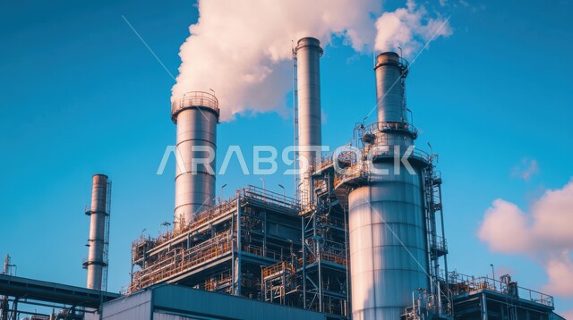 مداخن ضخمة تنبعث منها أعمدة من الدخان، التلوث الناتج عن انتاج البترول، صناعات ومشاريع بيتروكيماوية، خطوط الأنابيب والكابلات الفولاذية، مصنع تكرير النفط والغاز في المنطقة الصناعية، مصانع ومعامل في المملكة العربية السعودية