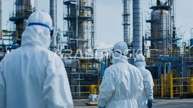 العمل في القطاع الهندسي, تحقيق الثورة الصناعية في المملكة العربية السعودية, النهضة بالاقتصاد السعودي, صورة من الخلف لمهندسين عربيين خليجيين سعوديين يرتدون البدلة الواقية يقفون أمام المصنع يقومون بالإشراف على الأعمال الهندسية