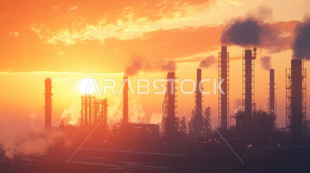مداخن ضخمة تنبعث منها أعمدة من الدخان وقت الغروب، التلوث الناتج عن انتاج البترول، صناعات ومشاريع بيتروكيماوية، خطوط الأنابيب والكابلات الفولاذية، مصنع تكرير النفط والغاز في المنطقة الصناعية، مصانع ومعامل في المملكة العربية السعودية