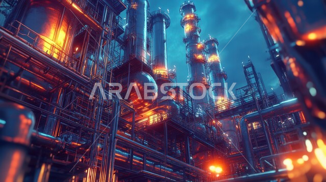 Factories and plants illuminated at night in Saudi Arabia, huge and large warehouses, industrial engineering and equipment, petrochemical industries and projects, steel pipelines and cables, oil and gas refining plant in the industrial area