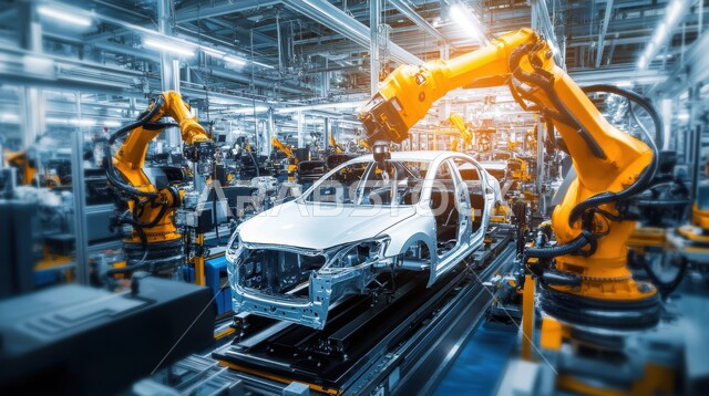 خط الانتاج الآلي في تجميع قطع السيارة وتركبيها، استخدام أجهزة متطورة في انتاج وتصنيع السيارات الحديثة, الاعتماد على التشغيلات الآلية لأذرع الروبوتات في معامل ومصانع المملكة، رؤية مستقبلية سعودية 2030، تحقيق الثورة الصناعية