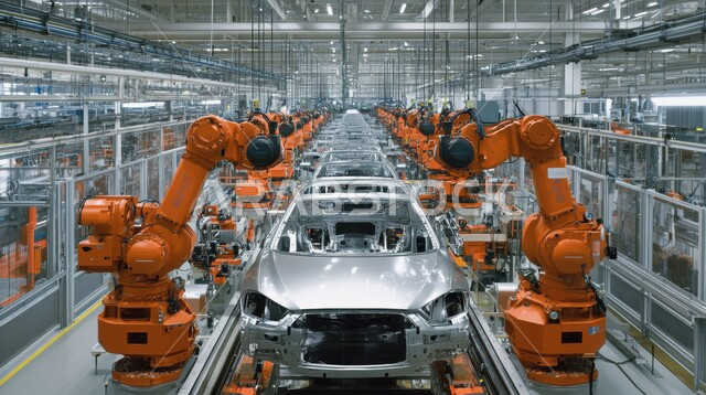 Automated production line in assembling and installing car parts, using advanced devices in the production and manufacturing of modern cars, relying on automated operations of robot arms in the Kingdom’s factories and plants, Saudi Vision 2030, achieving the industrial revolution