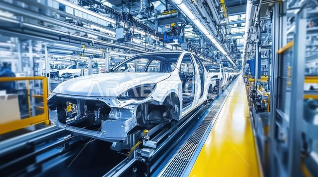 الاعتماد على التشغيلات الآلية في معامل ومصانع المملكة، استخدام روبوتات متطورة في انتاج وتصنيع السيارات الحديثة, خط الانتاج الآلي في تجميع قطع السيارة وتركبيها، ورش ومعامل الصيانة للمركبات العصرية، الهياكل المعدنية والمحركات والأجزاء الداخلية