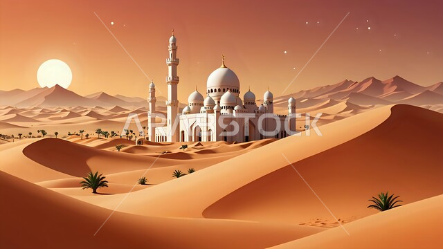 3D model of a mosque on the hills and dunes in the desert at sunset, terrain and heights and peaks in the wilderness, sand formations and formations in the desert of the Kingdom of Saudi Arabia, desert areas and desert natural environment