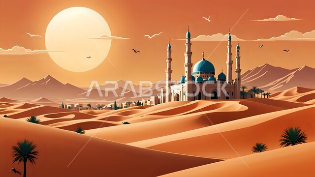 3D model of a mosque on the hills and dunes in the desert at sunset, terrain and heights and peaks in the wilderness, sand formations and formations in the desert of the Kingdom of Saudi Arabia, desert areas and desert natural environment