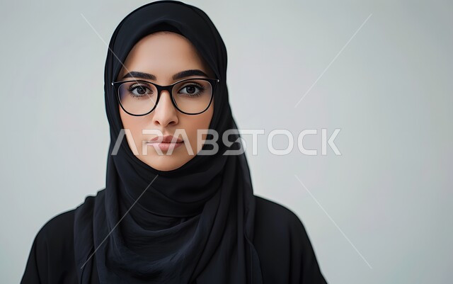 مفهوم الأنوثة والاهتمام بالمظهر الخارجي، بورتريه مقرب لامرأة عربية خليجية سعودية مبتسمة محجبة ترتدي النظارة الطبية تنظر الى الكاميرا بايماءات الجدية والثقة بالنفس، التقاط الصور الشخصية للوثائق الرسمية، خلفية رمادية