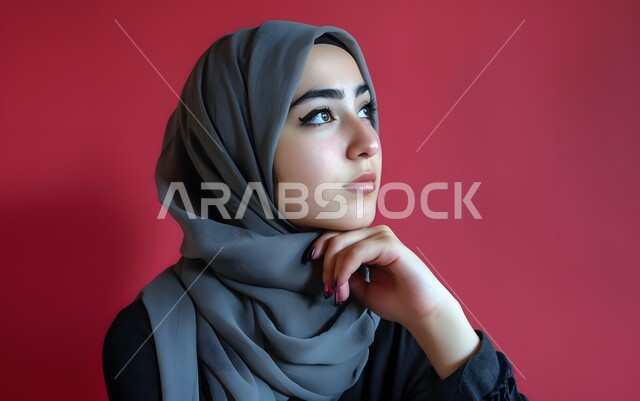 Contemplation, focus and planning for the future, the concept of femininity and interest in outward appearance, close-up portrait of a veiled Saudi Arabian Gulf woman looking at something with thinking gestures, trying to find solutions to problems, pink background