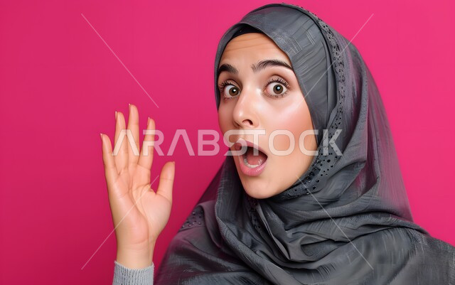 الشعور بالدهشة والذهول، مفهوم الأنوثة والاهتمام بالمظهر الخارجي، بورتريه مقرب لامرأة عربية خليجية سعودية محجبة ترفع يدها تنظر الى الكاميرا بإيماءات الصدمة والمفاجأة، سماع الأخبار الجيدة، خلفية وردية
