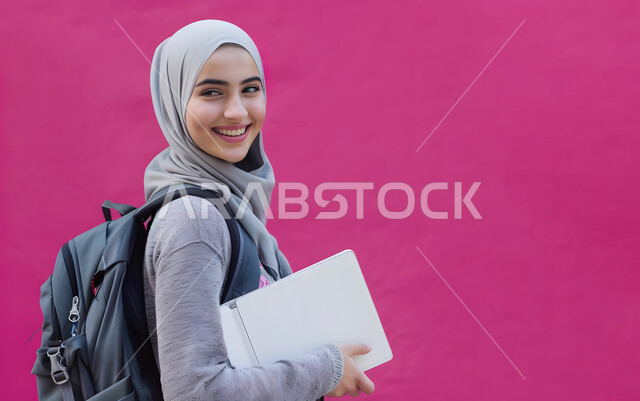 مفهوم الأنوثة والاهتمام بالمظهر الخارجي، بورتريه مقرب لشابة عربية خليجية سعودية محجبة ترتدي حقيبة الظهر تمسك بيدها الكتب المدرسية تنظر الى الكاميرا بإيماءات البهجة والسعادة، مفهوم النشاط والحماس، خلفية وردية