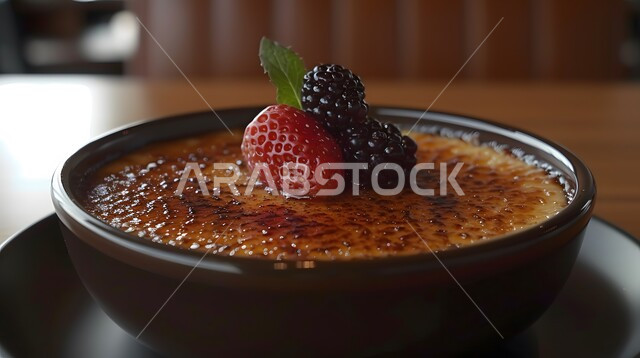 طبق من حلا الكريم كراميل المزين بقطع التوت، حلا شرقي و وصفات رمضانية، حلويات عالية السكر، قطع الحلوى الشهية  الباردة الذيذة 