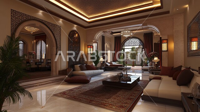 شقق وفلل سكنية في المملكة العربية السعودية، أثاث منزلي راقي ومريح باللون البني, غرف معيشه بتصاميم عصرية حديثه, التحف والديكورات الداخليه الأنيقة، غرفة جلوس فاخرة, الواجهات والنوافذ الزجاجية