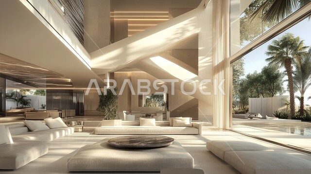 غرف معيشه بتصاميم عصرية حديثه, التحف والديكورات الداخليه الأنيقة، شقق وفلل سكنية في المملكة العربية السعودية، أثاث منزلي راقي ومريح باللون البيج, غرفة جلوس فاخرة, الواجهات والنوافذ الزجاجية