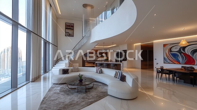 غرف معيشه بتصاميم عصرية حديثه, التحف والديكورات الداخليه الأنيقة، شقق وفلل سكنية في المملكة العربية السعودية، أثاث منزلي راقي ومريح باللون البيج, غرفة جلوس فاخرة, الواجهات والنوافذ الزجاجية