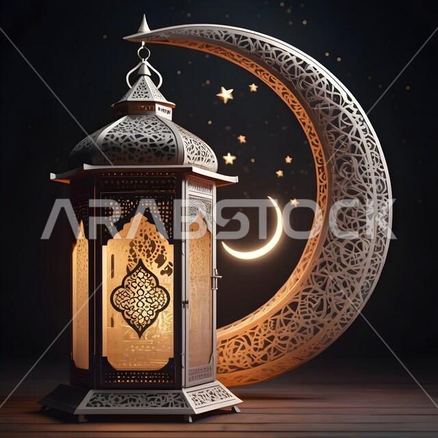 ديكورات وأنوار اسلامية، فانوس عربي تقليدي معدني مزخرف مضيء مع هلال رمضان المبارك، إضاءة وزينة المناسبات والأعياد الدينية، الإحتفال بقدوم شهر الخير، أجواء الروحانية والهدوء, خلفية سوداء