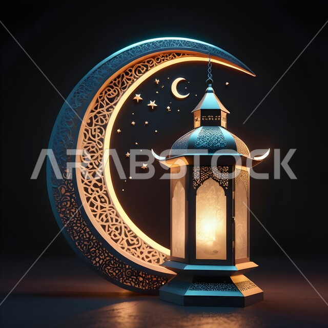 ديكورات وأنوار اسلامية، فانوس عربي تقليدي معدني مزخرف مضيء مع هلال رمضان المبارك، إضاءة وزينة المناسبات والأعياد الدينية، الإحتفال بقدوم شهر الخير، أجواء الروحانية والهدوء, خلفية سوداء