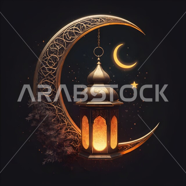 Islamic decorations and lights, traditional Arabic lantern decorated with illuminated metal with the crescent moon of the blessed month of Ramadan, lighting and decoration for religious occasions and holidays, celebrating the arrival of the month of goodness, spiritual and calm atmosphere, black background