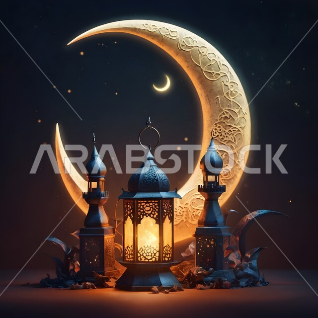 ديكورات وأنوار اسلامية، فانوس عربي تقليدي معدني مزخرف مضيء مع هلال رمضان المبارك، إضاءة وزينة المناسبات والأعياد الدينية، الإحتفال بقدوم شهر الخير، أجواء الروحانية والهدوء, خلفية سوداء