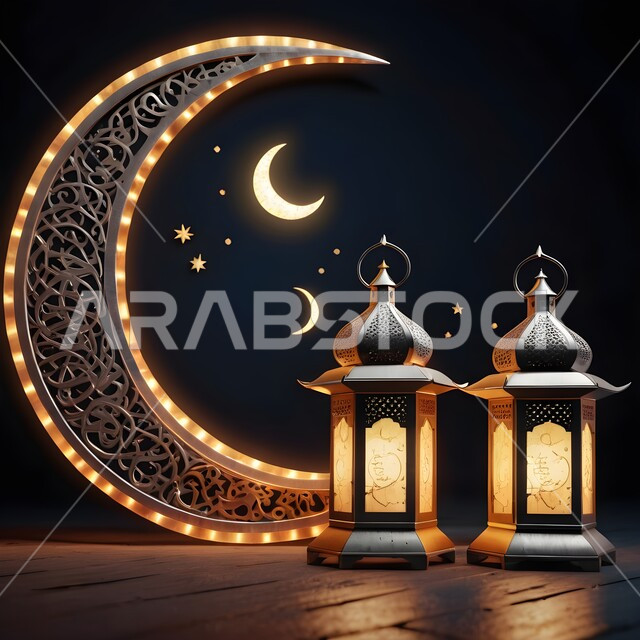ديكورات وأنوار اسلامية، فوانيس عربية تقليدية معدنية مزخرفة مضيئة مع هلال رمضان المبارك، إضاءة وزينة المناسبات والأعياد الدينية، الإحتفال بقدوم شهر الخير، أجواء الروحانية والهدوء, خلفية سوداء