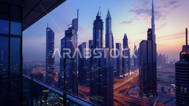 منظر تخيلي مستقبلي للتقدم و النمو العمراني, المباني والمنشآت التجارية الشاهقة في دبي, رؤية سعودية مستقبلية 2030, الفن الهندسي المعماري للأبراج وناطحات السحاب, بناء مستقبل حضاري ومتطور