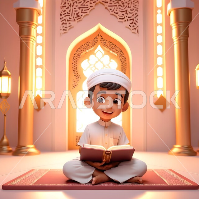 مفهوم حفظ وتلاوة كتاب الله، رسوم كرتونية ثلاثية الابعاد لولد عربي خليجي سعودي يرتدي الثوب التقليدي يجلس في المسجد يمسك بيده القرآن الكريم بإيماءات السرور، الاجتهاد في العباده والتقرب الى رب العالمين في شهر رمضان المبارك