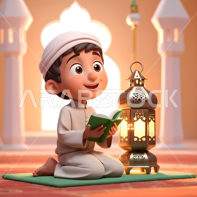 مفهوم حفظ وتلاوة كتاب الله، رسوم كرتونية ثلاثية الابعاد لولد عربي خليجي سعودي يرتدي الثوب التقليدي يجلس في المسجد امام فانوس معدني مضيء يمسك بيده القرآن الكريم، الاجتهاد في العباده والتقرب الى رب العالمين في شهر رمضان المبارك