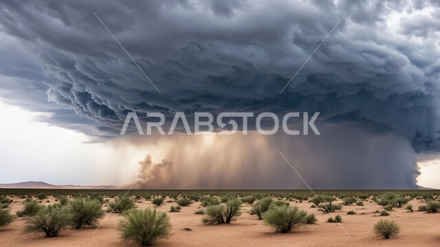 عاصفة من الرياح تضرب الصحراء, زوبعة من الرمال المتطايرة في الهواء, الطبيعة الرملية والجبلية للمملكة, الجو العاصف الهائج المحمل بالغبار والأتربة في صحاري السعودية