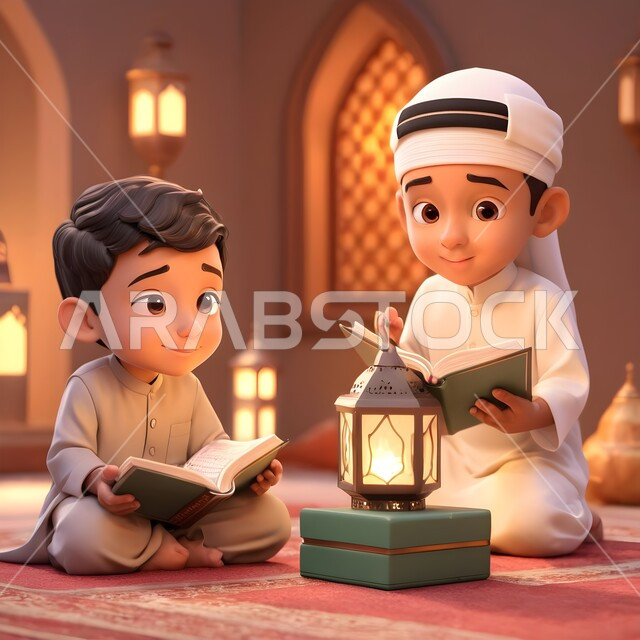 الاجتهاد في العباده والتقرب الى رب العالمين في شهر رمضان المبارك، مفهوم حفظ وتلاوة كتاب الله، رسوم كرتونية ثلاثية الابعاد لولدان عربيان خليجيان سعوديان يرتديان الثوب التقليدي يجلسان في المسجد امام فانوس معدني مضيء يمسكان القرآن الكريم، أجواء الروحانية والسكينة