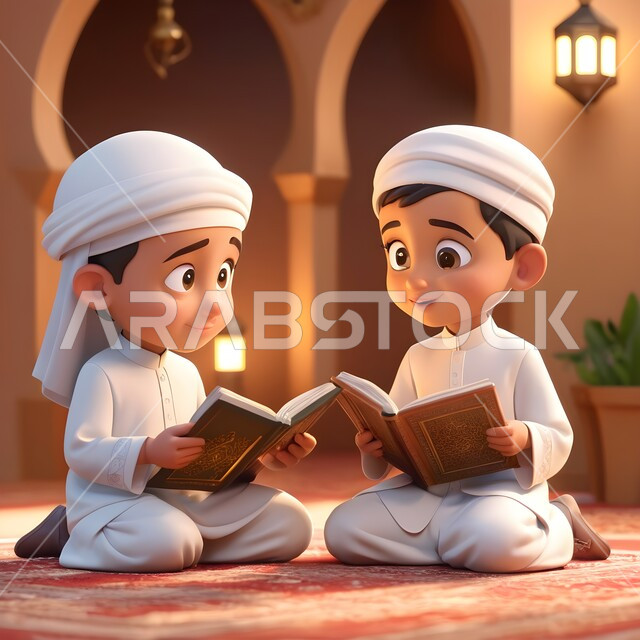 Striving in worship and getting closer to the Lord of the Worlds in the blessed month of Ramadan, the concept of memorizing and reciting the Book of God, three-dimensional cartoon drawings of two veiled Saudi Arabian Gulf girls wearing the abaya sitting in the mosque holding the Holy Quran, an atmosphere of spirituality and tranquility