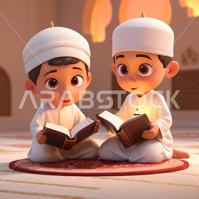 Striving in worship and getting closer to the Lord of the Worlds in the blessed month of Ramadan, the concept of memorizing and reciting the Book of God, three-dimensional cartoon drawings of two veiled Saudi Arabian Gulf girls wearing the abaya sitting in the mosque holding the Holy Quran, an atmosphere of spirituality and tranquility