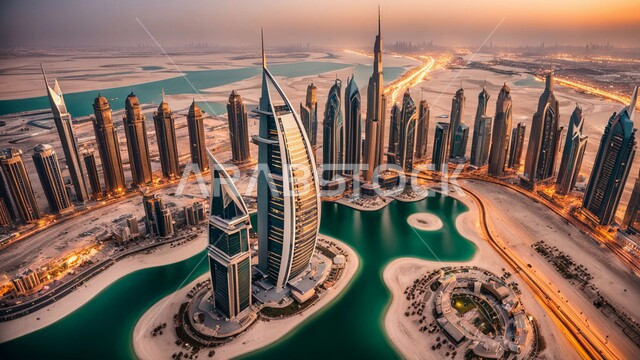 فن الهندسة المعمارية الحديثة، أبراج وناطحات السحاب المطلة على البحر، منظر تخيلي مستقبلي لمدينة دبي، صورة من الأعلى للمباني والفنادق في الإمارات، مفهوم التطور و التقدم العمراني