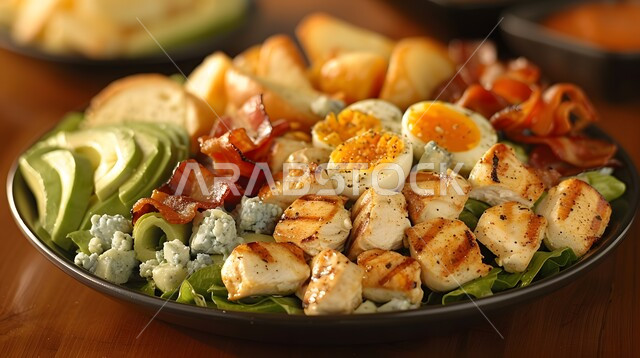 A plate of chicken salad with vegetables, fast food restaurants, distinctive recipes in the kitchens of the Kingdom of Saudi Arabia, delicious Eastern Arab cuisine, healthy high-protein meals