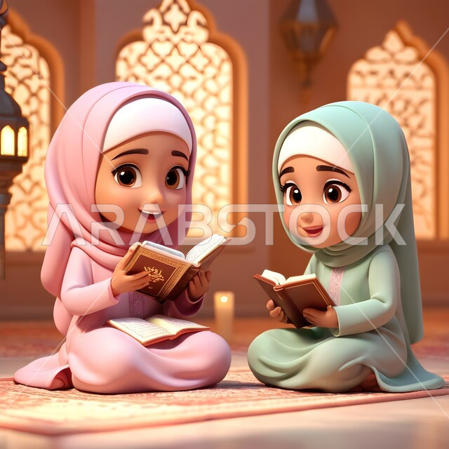 الاجتهاد في العباده والتقرب الى رب العالمين في شهر رمضان المبارك، مفهوم حفظ وتلاوة كتاب الله، رسوم كرتونية ثلاثية الابعاد لشابتان عربيتان خليجيتان سعوديتان محجبتان ترتديان العباءة تجلسان في المسجد تمسكان القرآن الكريم، أجواء الروحانية والسكينة