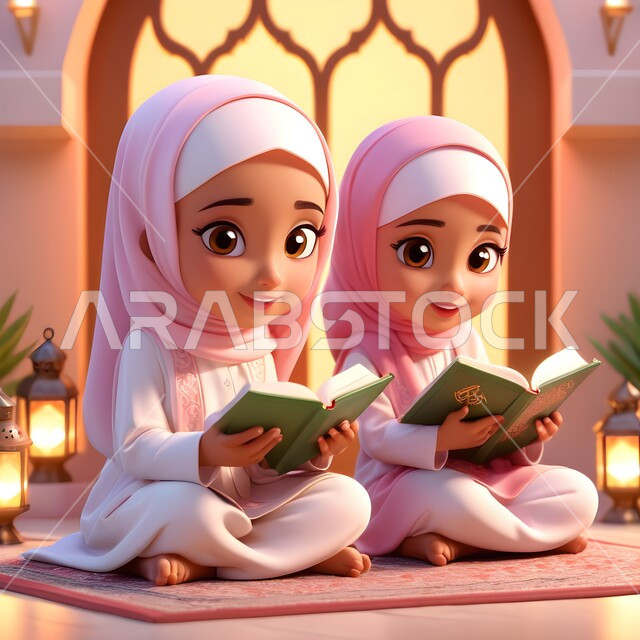 الاجتهاد في العباده والتقرب الى رب العالمين في شهر رمضان المبارك، مفهوم حفظ وتلاوة كتاب الله، رسوم كرتونية ثلاثية الابعاد لشابتان عربيتان خليجيتان سعوديتان محجبتان ترتديان العباءة تجلسان في المسجد تمسكان القرآن الكريم، أجواء الروحانية والسكينة