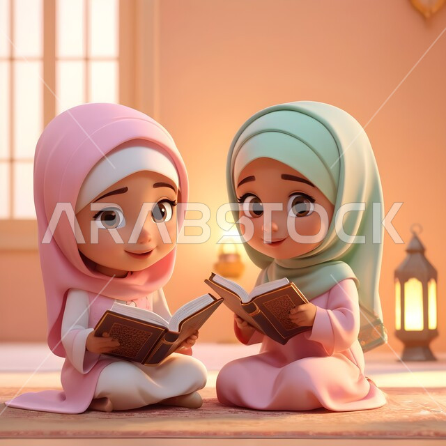 Striving in worship and getting closer to the Lord of the Worlds in the blessed month of Ramadan, the concept of memorizing and reciting the Book of God, three-dimensional cartoon drawings of two veiled Saudi Arabian Gulf girls wearing the abaya sitting in the mosque holding the Holy Quran, an atmosphere of spirituality and tranquility