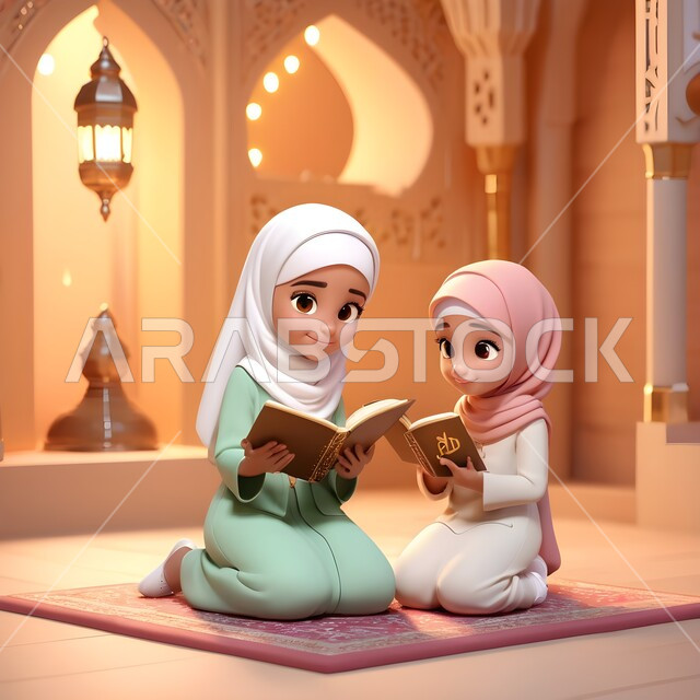 الاجتهاد في العباده والتقرب الى رب العالمين في شهر رمضان المبارك، مفهوم حفظ وتلاوة كتاب الله، رسوم كرتونية ثلاثية الابعاد لشابتان عربيتان خليجيتان سعوديتان محجبتان ترتديان العباءة تجلسان في المسجد تمسكان القرآن الكريم، أجواء الروحانية والسكينة