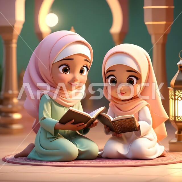 الاجتهاد في العباده والتقرب الى رب العالمين في شهر رمضان المبارك، مفهوم حفظ وتلاوة كتاب الله، رسوم كرتونية ثلاثية الابعاد لشابتان عربيتان خليجيتان سعوديتان محجبتان ترتديان العباءة تجلسان في المسجد تمسكان القرآن الكريم، أجواء الروحانية والسكينة