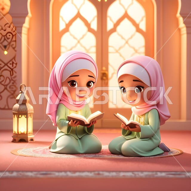 أجواء الروحانية والسكينة, الاجتهاد في العباده والتقرب الى رب العالمين في شهر رمضان المبارك، حفظ وتلاوة كتاب الله، رسوم كرتونية ثلاثية الابعاد لشابتان عربيتان خليجيتان سعوديتان محجبتان ترتديان العباءة تجلسان في المسجد أمام فانوس معدني مضيء تمسكان القرآن الكريم