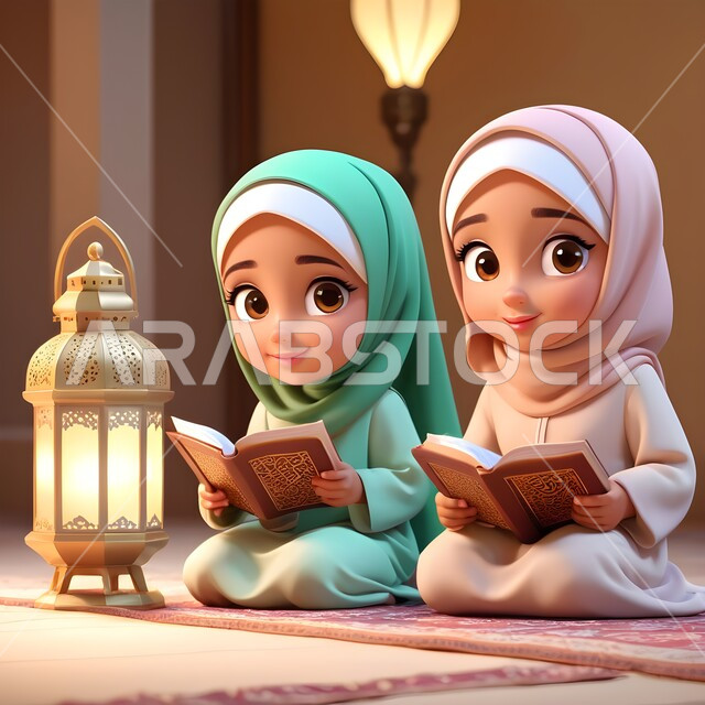 Spirituality and tranquility, diligence in worship and getting closer to the Lord of the Worlds in the blessed month of Ramadan, memorizing and reciting the Book of God, three-dimensional cartoon drawings of two veiled Saudi Arabian Gulf girls wearing the abaya sitting in the mosque in front of a lit metal lantern holding the Holy Quran