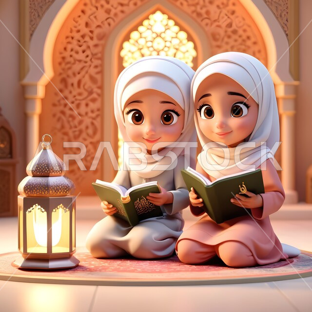 أجواء الروحانية والسكينة, الاجتهاد في العباده والتقرب الى رب العالمين في شهر رمضان المبارك، حفظ وتلاوة كتاب الله، رسوم كرتونية ثلاثية الابعاد لشابتان عربيتان خليجيتان سعوديتان محجبتان ترتديان العباءة تجلسان في المسجد أمام فانوس معدني مضيء تمسكان القرآن الكريم