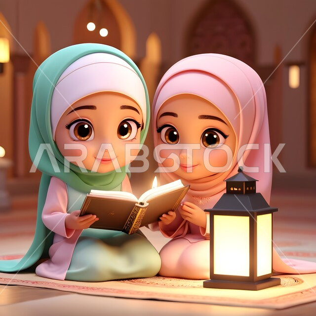 أجواء الروحانية والسكينة, الاجتهاد في العباده والتقرب الى رب العالمين في شهر رمضان المبارك، حفظ وتلاوة كتاب الله، رسوم كرتونية ثلاثية الابعاد لشابتان عربيتان خليجيتان سعوديتان محجبتان ترتديان العباءة تجلسان في المسجد أمام فانوس معدني مضيء تمسكان القرآن الكريم
