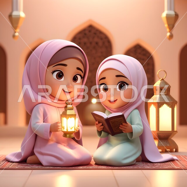 أجواء الروحانية والسكينة, الاجتهاد في العباده والتقرب الى رب العالمين في شهر رمضان المبارك، حفظ وتلاوة كتاب الله، رسوم كرتونية ثلاثية الابعاد لشابتان عربيتان خليجيتان سعوديتان محجبتان ترتديان العباءة تجلسان في المسجد تمسكان فانوس معدني مضيء والقرآن الكريم