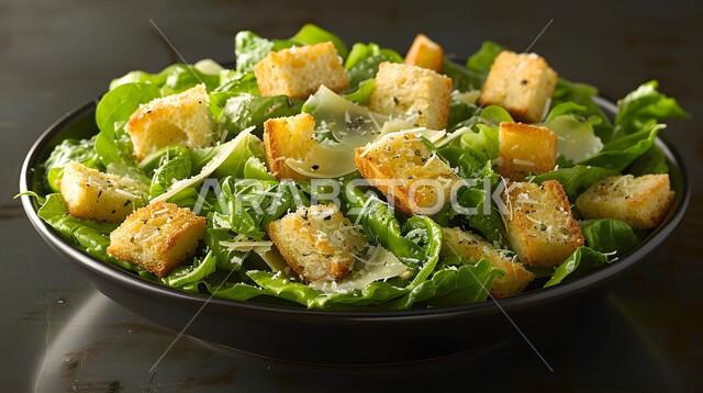 وجبات صحية للدايت، طبق سيزر مقبلات بارد صحي ولذيذ، سلطة خضار لذيذة، قطع من خضار الخس الطازجه، مطاعم و مأكولات مفيدة، وجبات الطعام السريعة الشهية