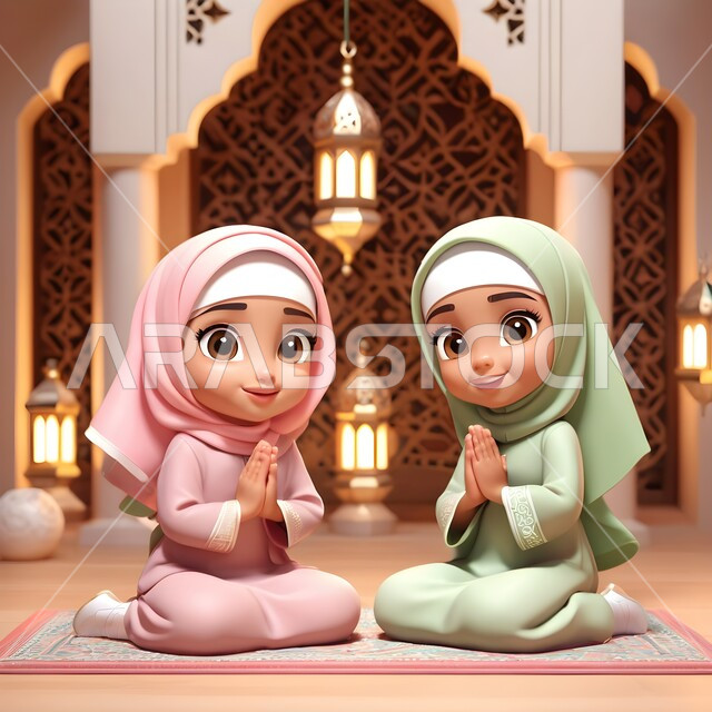 أجواء الروحانية والسكينة, الاجتهاد في العباده والتقرب الى رب العالمين في شهر رمضان المبارك، حفظ وتلاوة كتاب الله، رسوم كرتونية ثلاثية الابعاد لشابتان عربيتان خليجيتان سعوديتان محجبتان تجلسان في المسجد تنظران الى الكاميرا ترفعان يداهما بإيماءات الدعاء