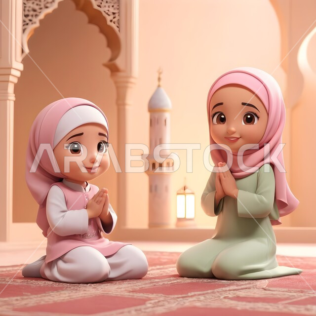 أجواء الروحانية والسكينة, الاجتهاد في العباده والتقرب الى رب العالمين في شهر رمضان المبارك، حفظ وتلاوة كتاب الله، رسوم كرتونية ثلاثية الابعاد لشابتان عربيتان خليجيتان سعوديتان محجبتان تجلسان في المسجد تنظران الى الكاميرا ترفعان يداهما بإيماءات الدعاء