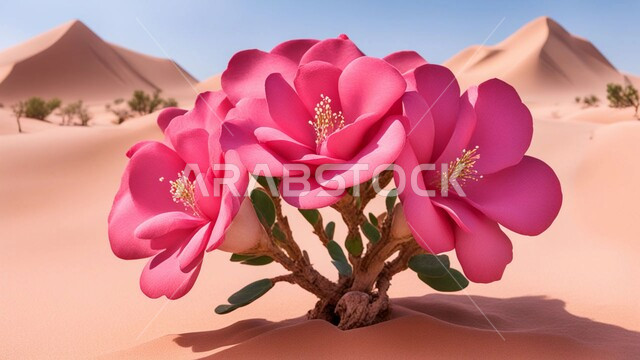 الاستمتاع بالمناظر الطبيعية في البيئة الصحراوية, الورود والزهور العطرية, الأزهار المتفتحة باللون الوردي على الرمال الذهبية الناعمة, نمو النباتات الملونة في صحاري المملكة العربية السعودية