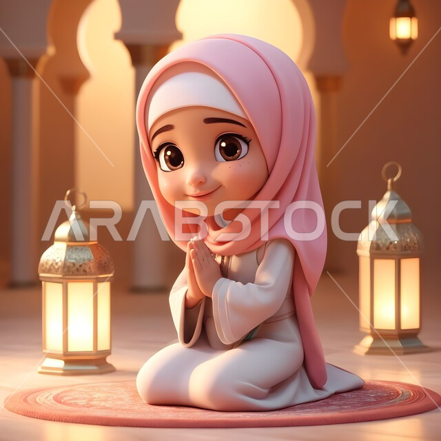 الخشوع والطلب من الله، رسوم كرتونية ثلاثية الابعاد لفتاة عربية خليجية سعودية محجبة ترتدي العباءة تجلس في المسجد امام فانوس معدني مضيء تنظر الى الكاميرا ترفع يديها بإيماءات الدعاء، الاجتهاد في العباده والتقرب الى رب العالمين في شهر رمضان المبارك