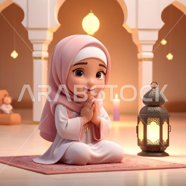 الخشوع والطلب من الله، رسوم كرتونية ثلاثية الابعاد لفتاة عربية خليجية سعودية محجبة ترتدي العباءة تجلس في المسجد امام فانوس معدني مضيء تنظر الى الكاميرا ترفع يديها بإيماءات الدعاء، الاجتهاد في العباده والتقرب الى رب العالمين في شهر رمضان المبارك